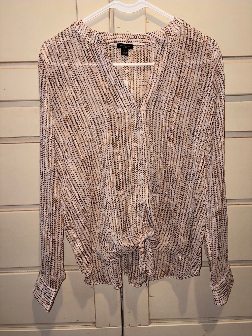Ann Taylor Cream and Brown Printed Button-Front Tie Hem Blouse NWT